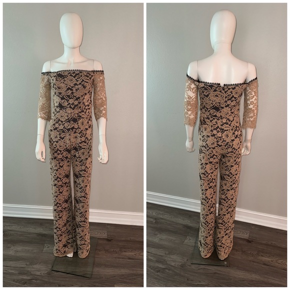 ALEXIS *Joaquin* black tan lace off shoulder jumpsuit catsuit S